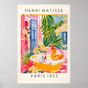 Haan in badkuip Kunstprint Roze Boerderij Poster