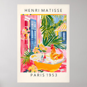 Haan in badkuip Kunstprint Roze boerderijstijl Poster