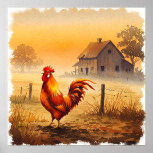Haan in de ochtend lichte boerderij poster