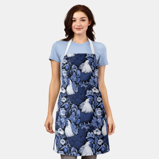 Haan in de tuin Blauw en Wit Schort (Gedragen)