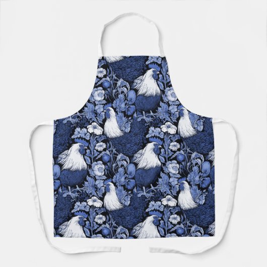 Haan in de tuin Blauw en Wit Schort (Voorkant)