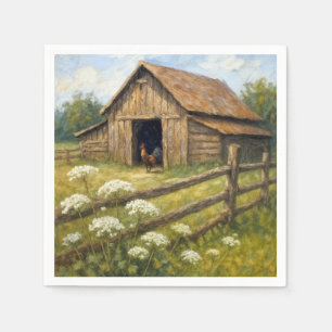 Haan in een boerenerf olieverfschilderij servet