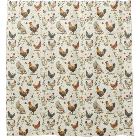 Haan kippen boerderij beige retro douchegordijn (Voorkant)