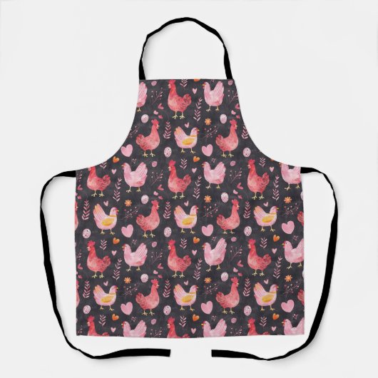 Haan kippen boerderij zwart rood roze schort (Voorkant)