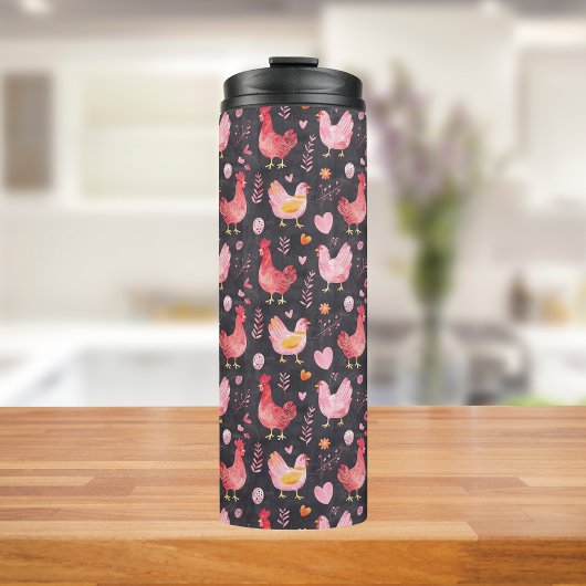 Haan kippen boerderij zwart rood roze thermosbeker