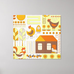 Haan, kippen, geometrische bloementekening. canvas afdruk