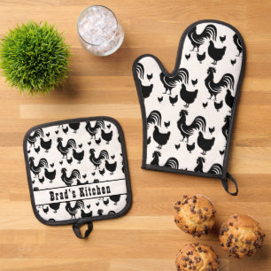 Haan kippen gepersonaliseerde naam ovenwant & pannenlap set