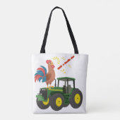 Haan kraaien op een groene en gele tractor tote bag (Achterkant)