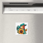 Haan met Blauwgroen Pet en zonnebloemen Magneet (Insitu (Vaatwasser))