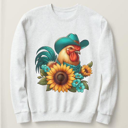 Haan met Blauwgroen Pet en zonnebloemen Trui (Design voorkant)