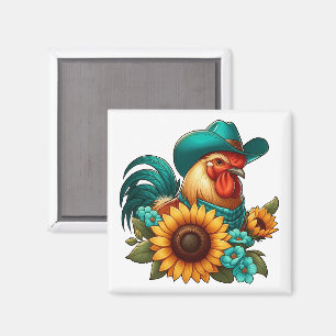 Haan Met Turkooizen Hoed en Zonnebloemen Magneet