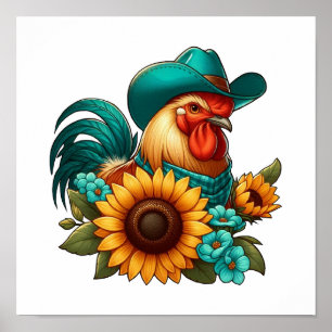 Haan Met Turkooizen Hoed en Zonnebloemen  Poster