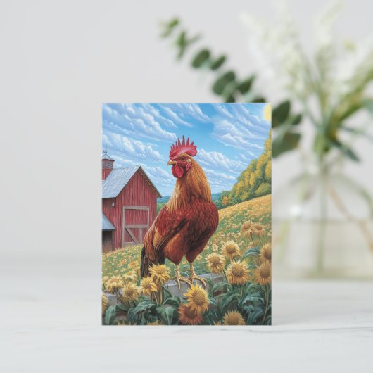 Haan op een zonnebloem Boerderij schilderij Briefkaart (Staand voorkant)