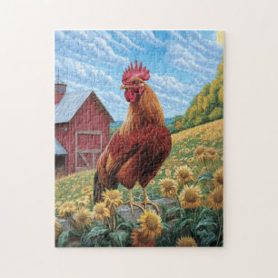 Haan op een zonnebloem Boerderij schilderij Legpuzzel