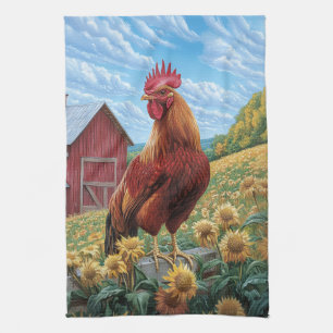 Haan op een zonnebloem Boerderij schilderij Theedoek