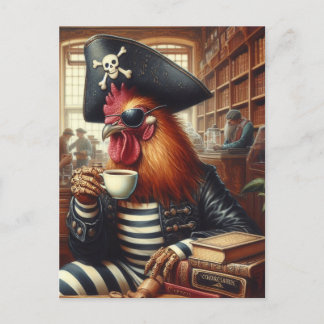 Haan piraat met een koffie in een boekwinkel briefkaart