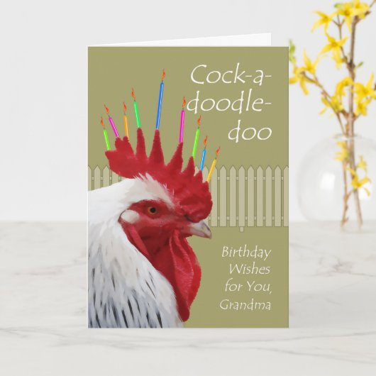 Haan Verjaardag voor oma, Cock-a-doodle-doo Kaart (Gele Bloem)