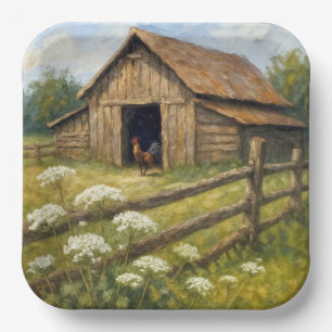 Haantje in een boerenerf olieverfschilderij papieren bordje