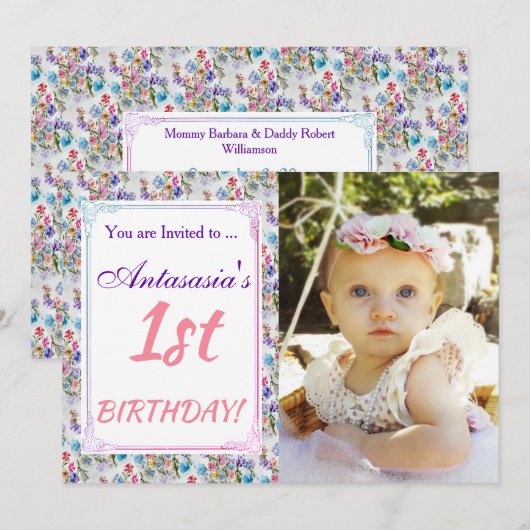 HAAR 1E VERJAARDAGSUITNODIGING KAART (Voorkant / Achterkant)