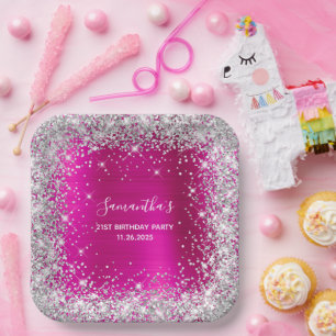 Haar 21ste verjaardag warme roze en zilverglitter papieren bordje