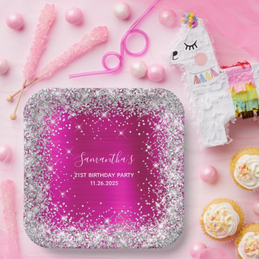 Haar 21ste verjaardag warme roze en zilverglitter papieren bordje (Feest)