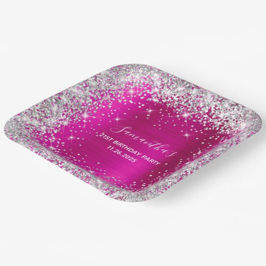 Haar 21ste verjaardag warme roze en zilverglitter papieren bordje (Gebogen)