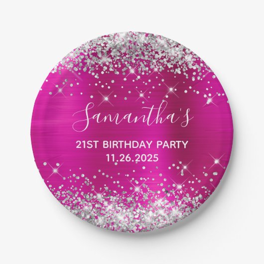Haar 21ste verjaardag warme roze en zilverglitter papieren bordje (Voorkant)