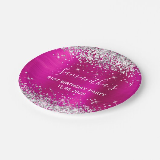 Haar 21ste verjaardag warme roze en zilverglitter papieren bordje (Gekanteld)