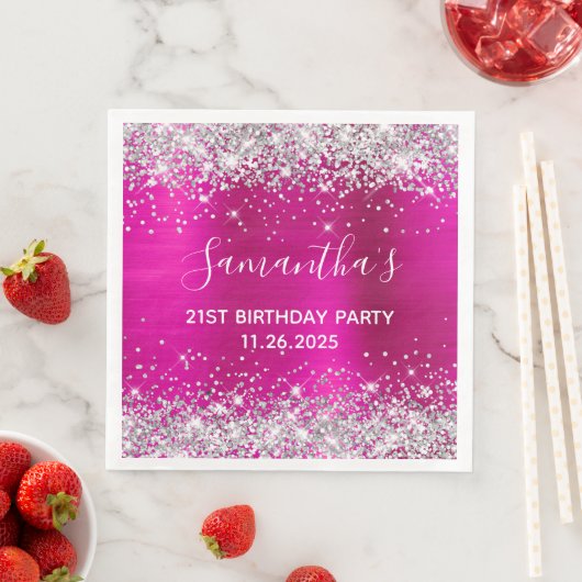 Haar 21ste verjaardag warme roze en zilverglitter servet (Insitu)