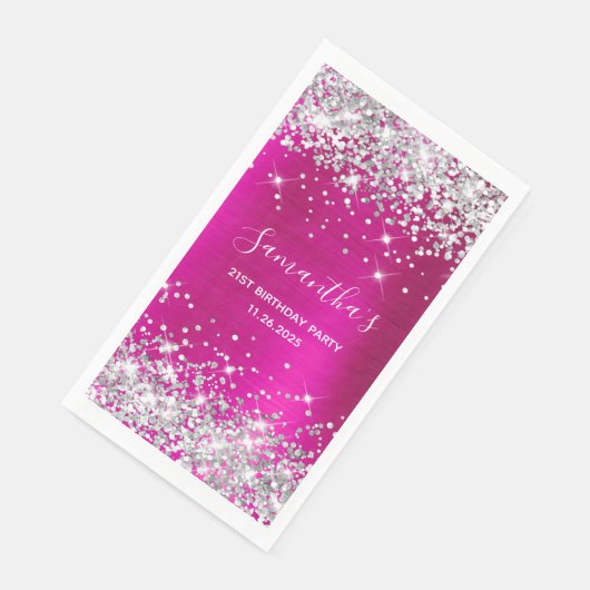 Haar 21ste verjaardag warme roze en zilverglitter servet (Hoek)