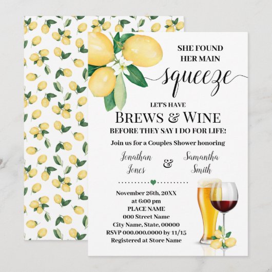 Haar belangrijkste Squeeze Brews & Wine Vrijgezell Kaart (Voorkant / Achterkant)