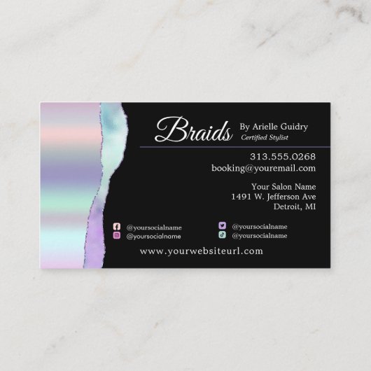 Haar Braiding Braid Salon Pastel Iridescent Paars Visitekaartje (Achterkant)
