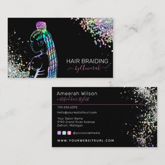 Haar Braiding Stylist Braid Salon Holographic Bus Visitekaartje (Voorkant / Achterkant)