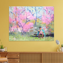 Haar brief lezen Redbuds / Kunstenaar Larry Lerew Canvas Afdruk