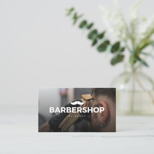 Haar Clipper Foto met snor Logo Barbershop Visitekaartje (Staand voorkant)