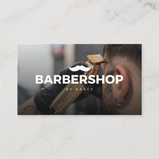 Haar Clipper Foto met snor Logo Barbershop Visitekaartje (Voorkant)