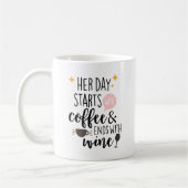 Haar dag begint met koffie en eindigt met wijn koffiemok (Links)