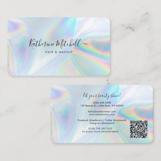 Haar- en Make-up Salon QR Code Holografisch Visitekaartje (Voorkant / Achterkant)