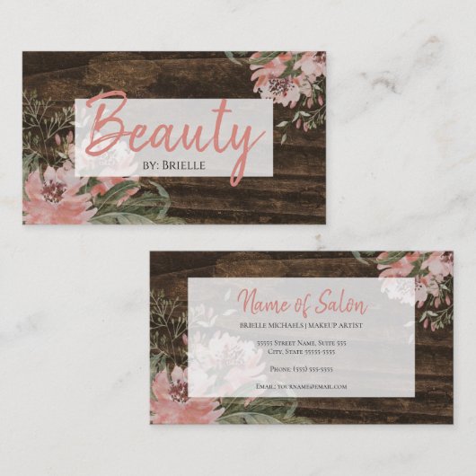 Haar en Schoonheidssalon Rustiek Donker Hout Bloem Visitekaartje (Voorkant / Achterkant)