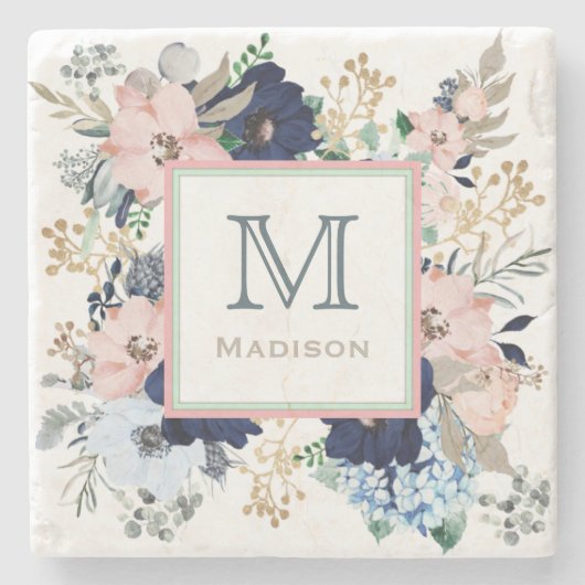 Haar favoriete blauwe en roze roze monogram stenen onderzetter (Voorkant)