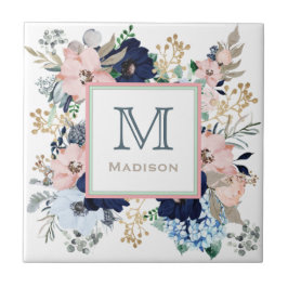Haar favoriete blauwe & roze roos monogram tegeltje