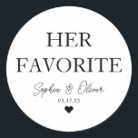 HAAR FAVORIETE Dessert Snoep Bar hart bruiloft gun Ronde Sticker<br><div class="desc">Een Classic Black Thank You Wedding-Sticker met "Her Favorite" in een klassiek modern,  elegant lettertype. U kunt het gemakkelijk personaliseren met uw namen en trouwdatum.</div>