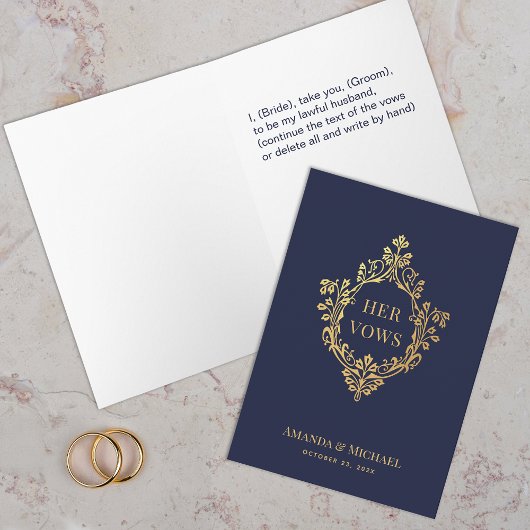 Haar Geloften Navy Blue Faux Gold  Crest Wedding Kaart