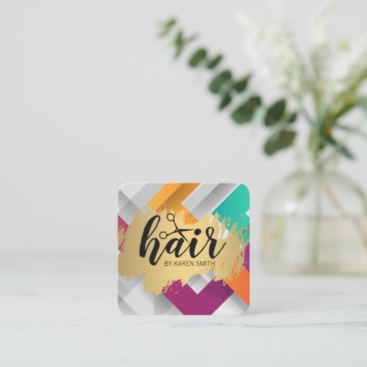 HAAR / Goud Geborsteld / Moderne Kleurrijke Strepe Vierkante Visitekaartje (Staand voorkant)