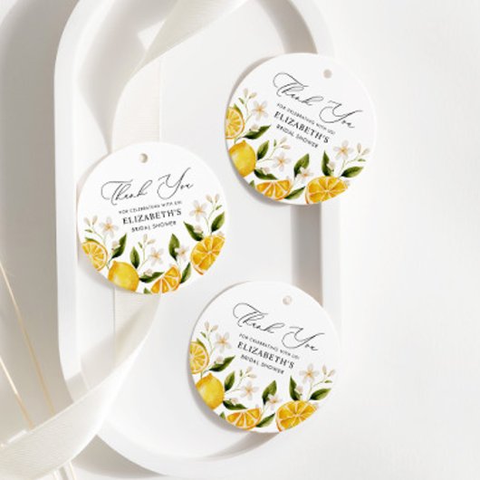 Haar grote liefde gele citrus bruidsfeest bedankjes labels