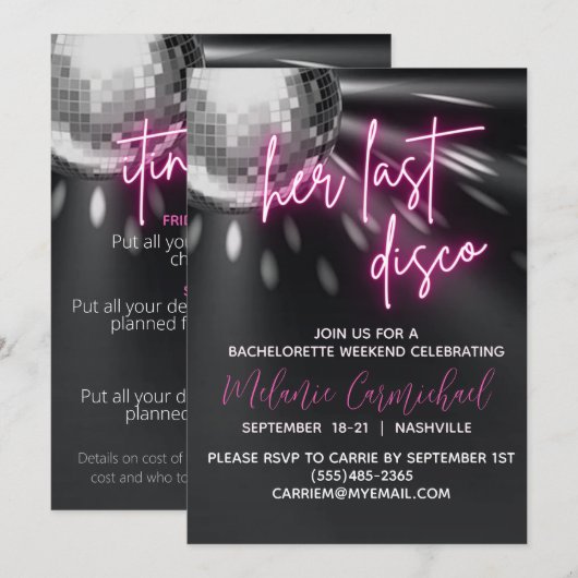 Haar laatste Disco Bachelorette Weekend Kaart (Voorkant / Achterkant)