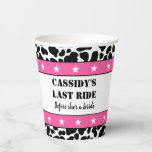 Haar laatste Ride Disco Cowgirl Bachelorette party Papieren Bekers<br><div class="desc">Met deze disco cowgirl,  de bachelorette party paper cups,  kun je bruiden vieren. Ze hebben een leuke zwart-witafdrukken van de koe met steraccenten en je eigen bericht aan de voorkant en een westerne themed hoefijzers aan de achterkant.</div>