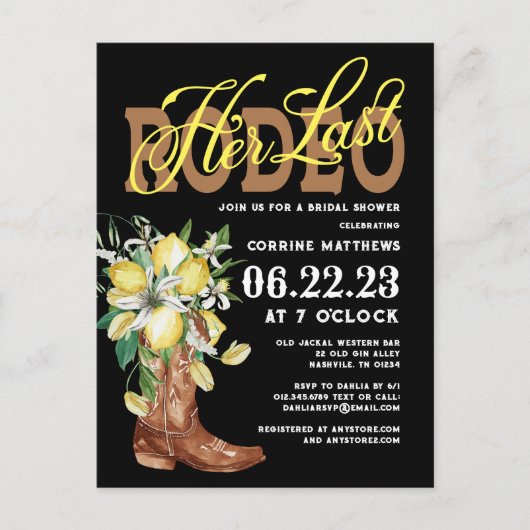 Haar laatste Rodeo Cowgirl Boots Lemons Vrijgezell Briefkaart (Voorkant)