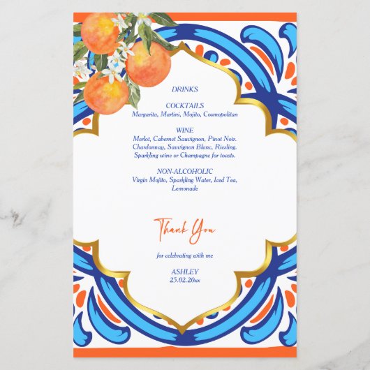 Haar Main Squeeze oranje blauw menukaart (Achterkant)