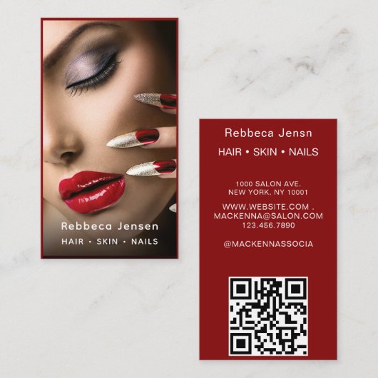 Haar Make-up Artiest Modern Zwart & Rood QR Code Visitekaartje (Voorkant / Achterkant)